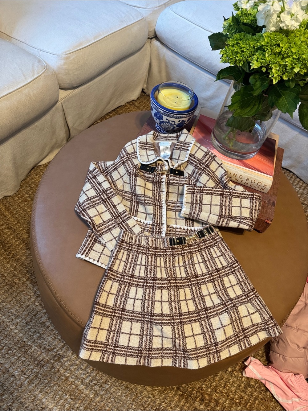 Max Studio Cream and Brown Plaid Jacket & Skirt Set